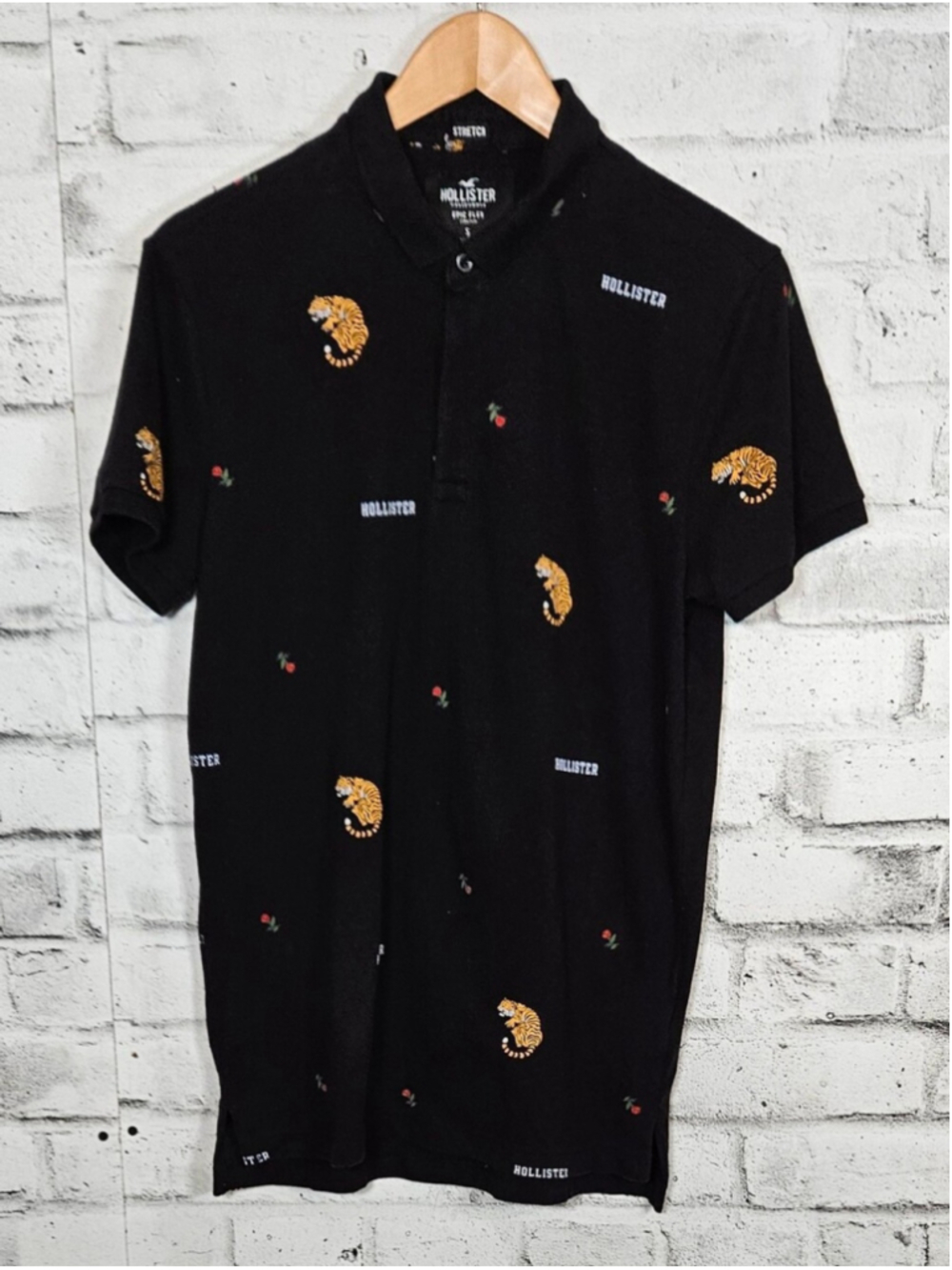 Hollister Epic Flex Tiger Print Polo Shirt Men's Small Black Stretch